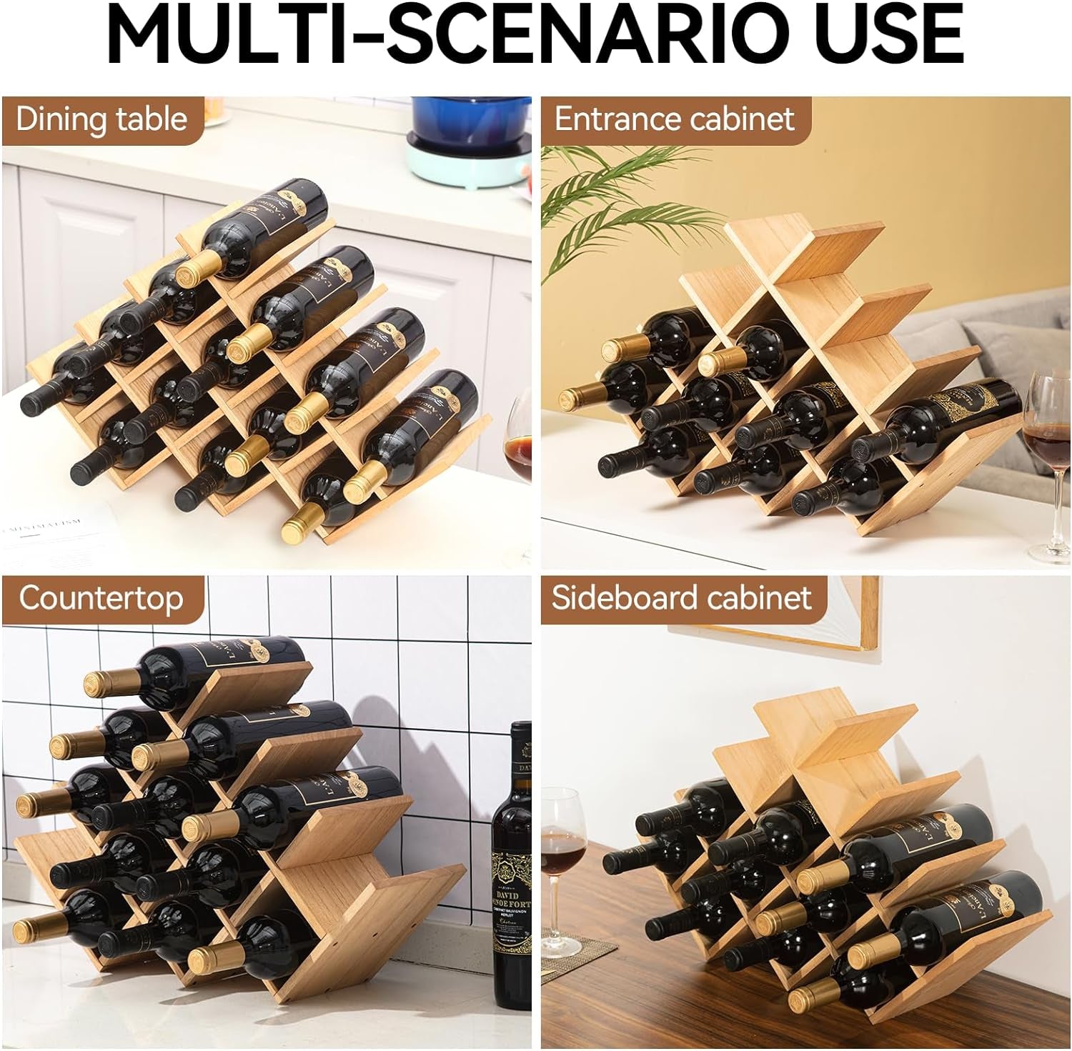 Wood Wine Rack, 13-Bottle 4-Tier Countertop Holder, Natural, 4-NA