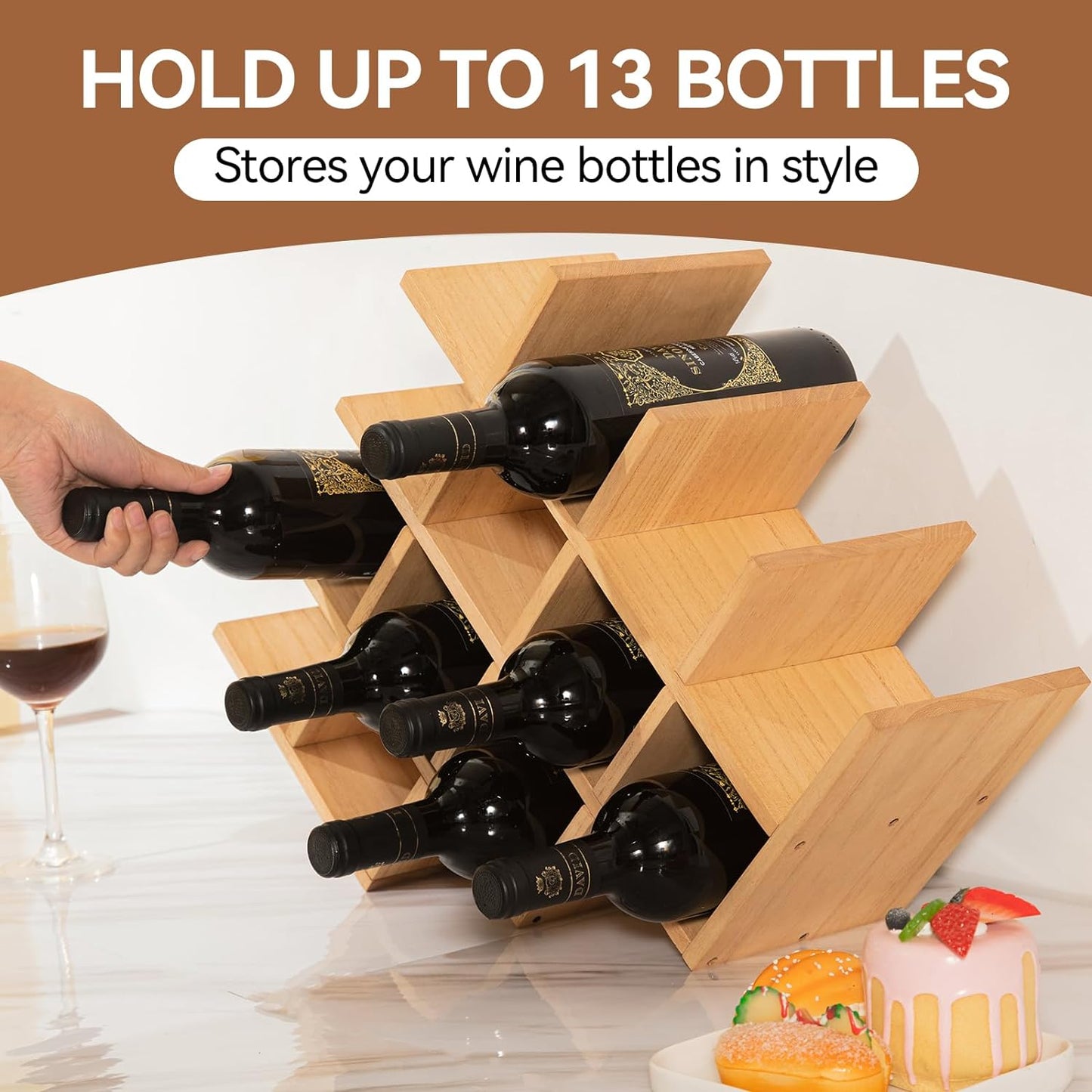Wood Wine Rack, 13-Bottle 4-Tier Countertop Holder, Natural, 4-NA