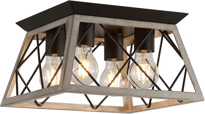 Vintage Farmhouse Flush Mount Ceiling Light Fixture, 4-Light Oak White Semi-Flush Mount Lamp, Rustic Industrial Square Cage Ceiling Light for Dining Room Bedroom Entryway Hallway Kitchen
