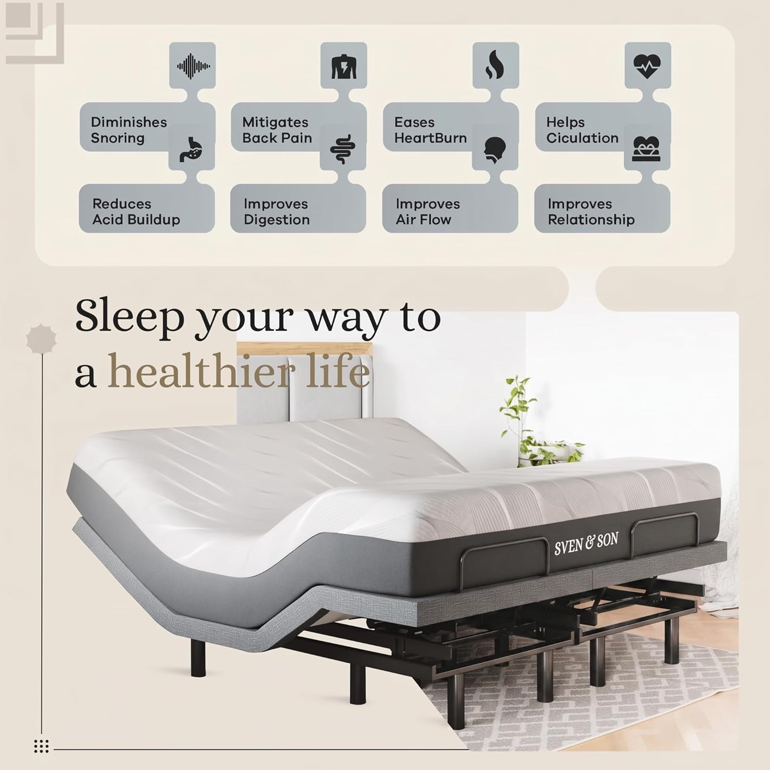 Sven & Son Classic Adjustable Bed Base, Head and Foot Lift, Massage, Under-Bed Lights, USB, Gel Memory, Zero Gravity Smart Frame - King + 14 Inch Hybrid Spring Matt (Medium Soft)