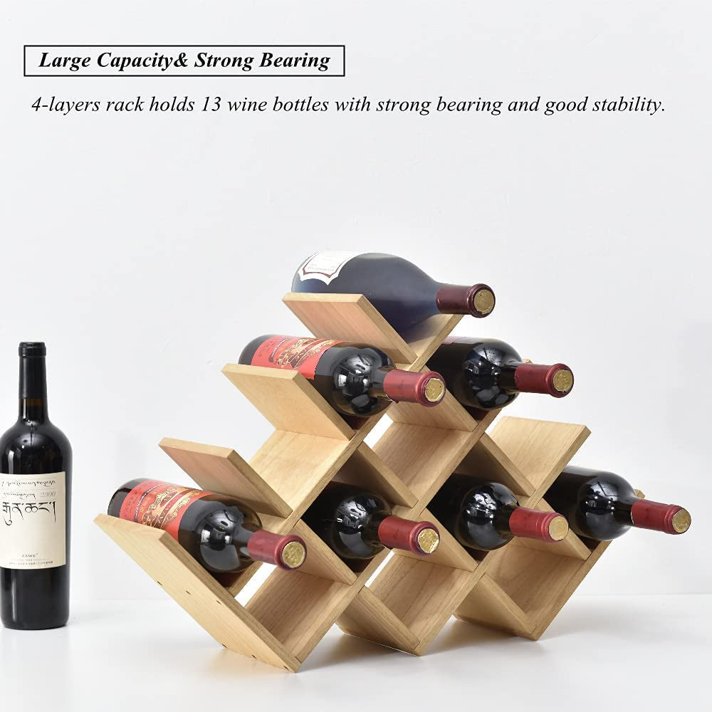 Wood Wine Rack, 13-Bottle 4-Tier Countertop Holder, Natural, 4-NA