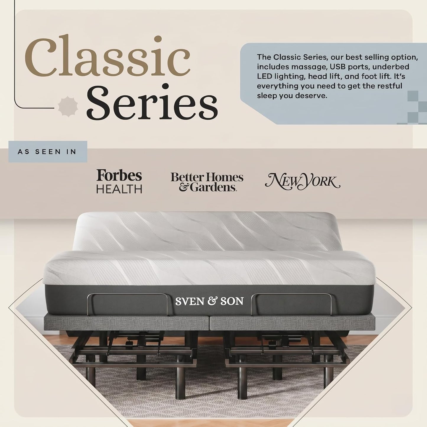 Sven & Son Classic Adjustable Bed Base, Head and Foot Lift, Massage, Under-Bed Lights, USB, Gel Memory, Zero Gravity Smart Frame - King + 14 Inch Hybrid Spring Matt (Medium Soft)