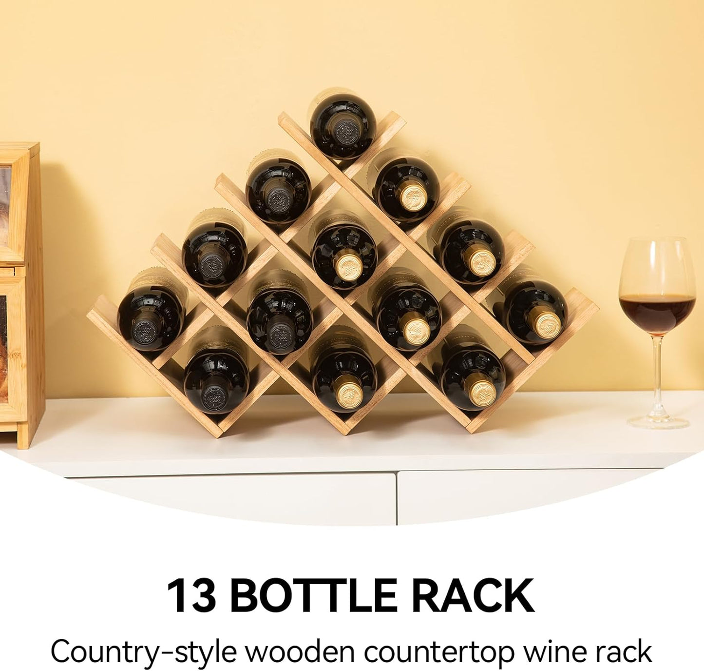 Wood Wine Rack, 13-Bottle 4-Tier Countertop Holder, Natural, 4-NA
