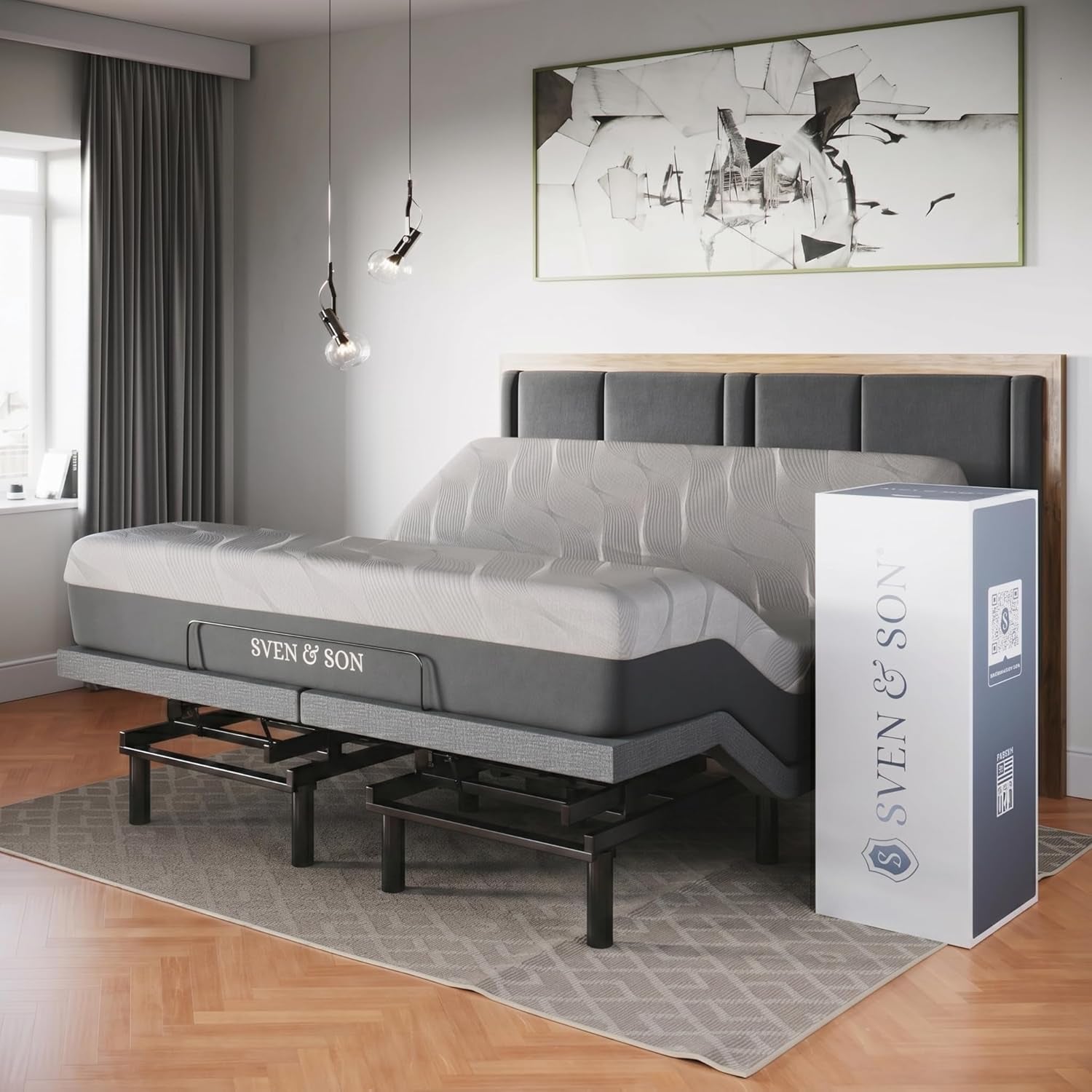 Sven & Son Classic Adjustable Bed Base, Head and Foot Lift, Massage, Under-Bed Lights, USB, Gel Memory, Zero Gravity Smart Frame - King + 14 Inch Hybrid Spring Matt (Medium Soft)